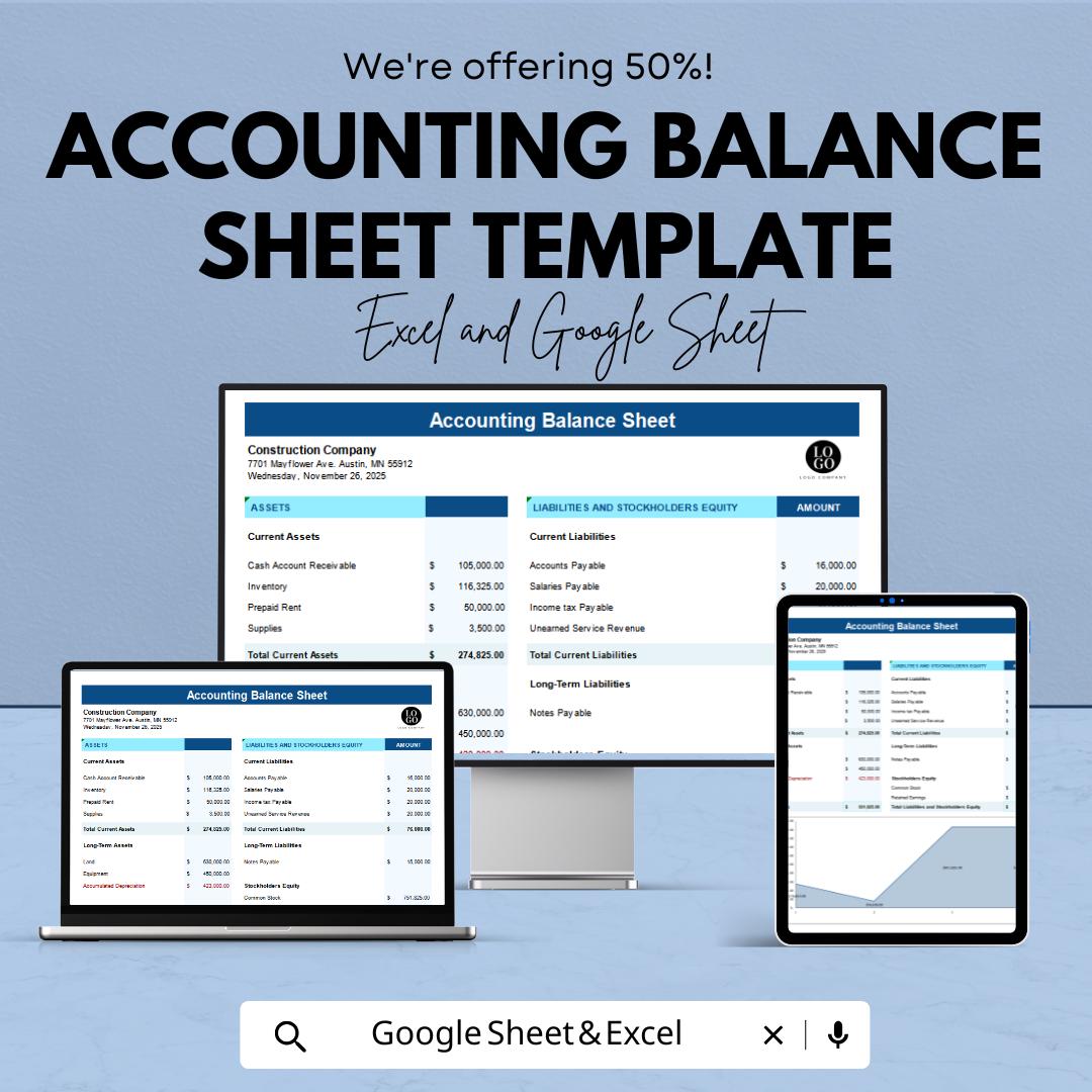 Accounting Balance Sheet Template | Financial Statement Template | Business Accounting Spreadsheet | Assets and Liabilities Report