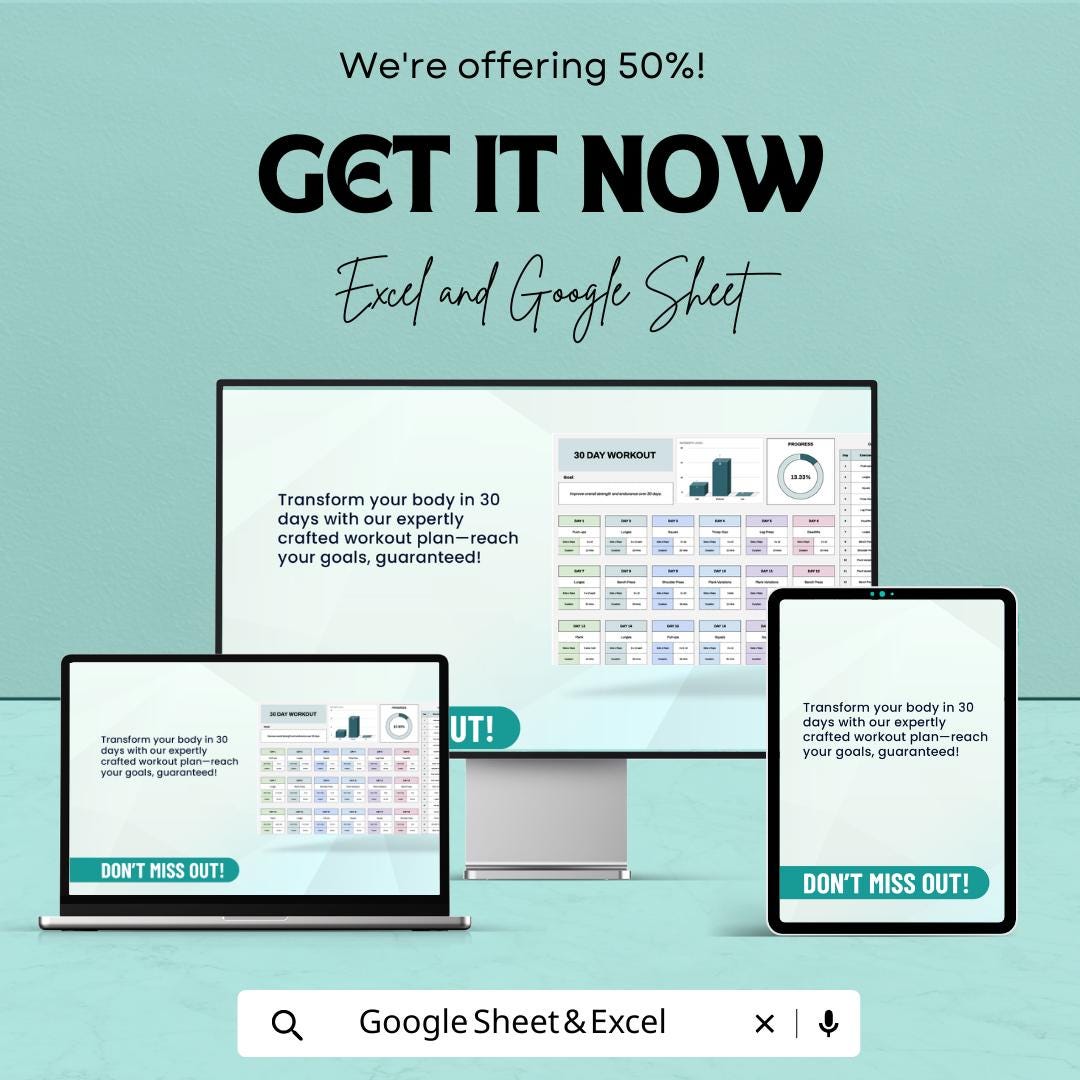30 Day Workout Template | Fitness Tracker Spreadsheet | Gym Workout Planner | Exercise Log | Digital Fitness Planner | Workout Tracker