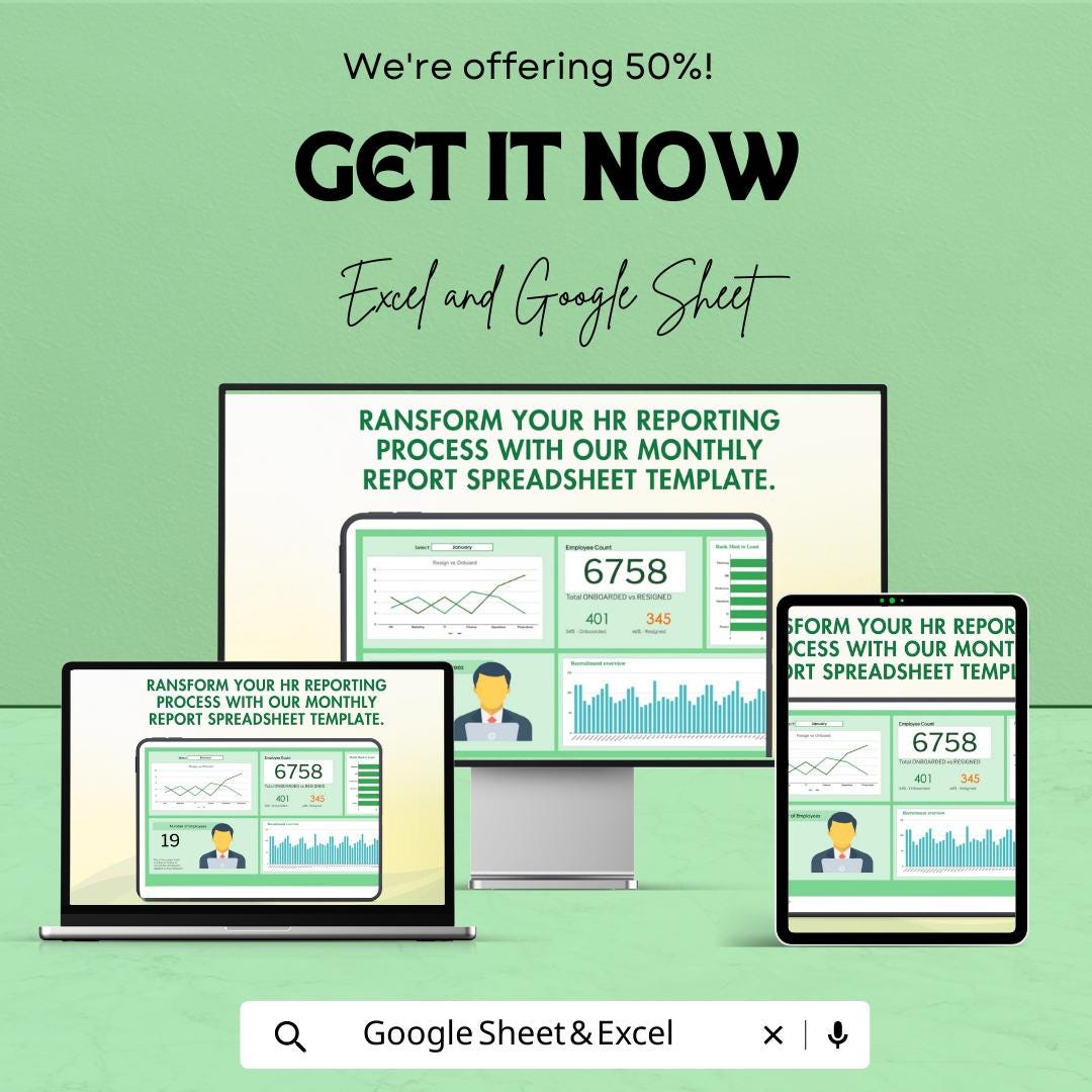 HR Monthly Report Spreadsheet Template | HR Dashboard for Excel and Google Sheets | Employee Tracking, Recruitment & HR Analytics
