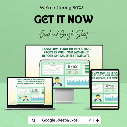 HR Monthly Report Spreadsheet Template | HR Dashboard for Excel and Google Sheets | Employee Tracking, Recruitment & HR Analytics