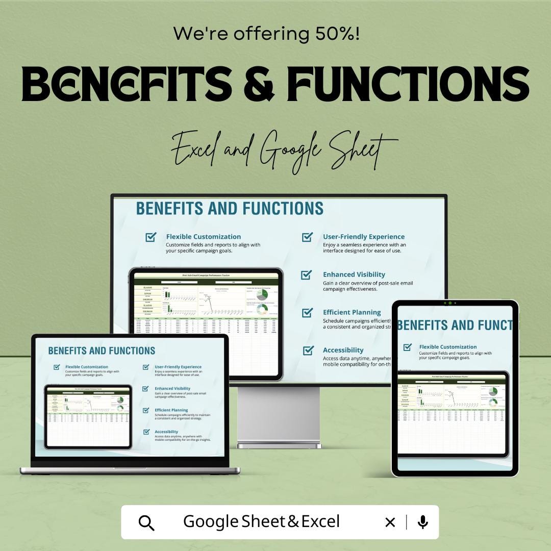Post-Sale Email Campaign Performance Tracker Template | Revenue and Conversion Tracker | Email Performance Report | Campaign KPI Dashboard