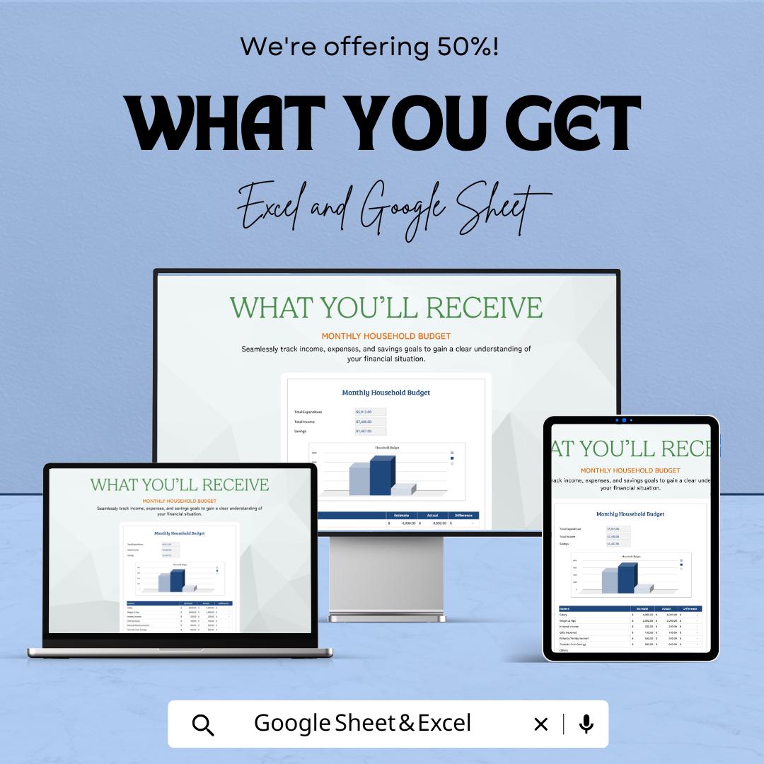 Monthly Household Budget Spreadsheet | Google Sheets & Excel Template | Income Expense Tracker | Personal Finance Planner
