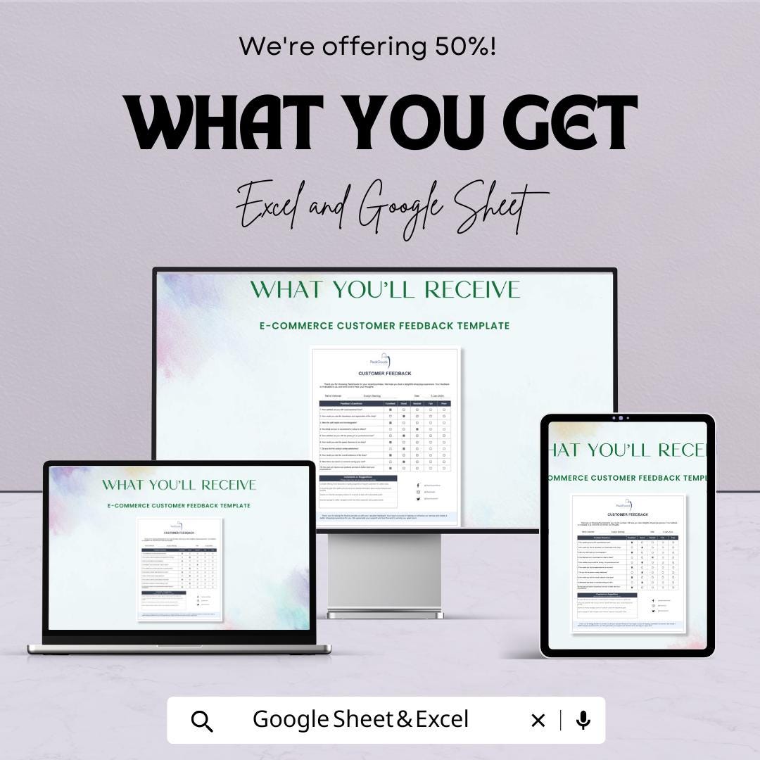 E-commerce Customer Feedback Template | Excel & Google Sheets | 50% OFF