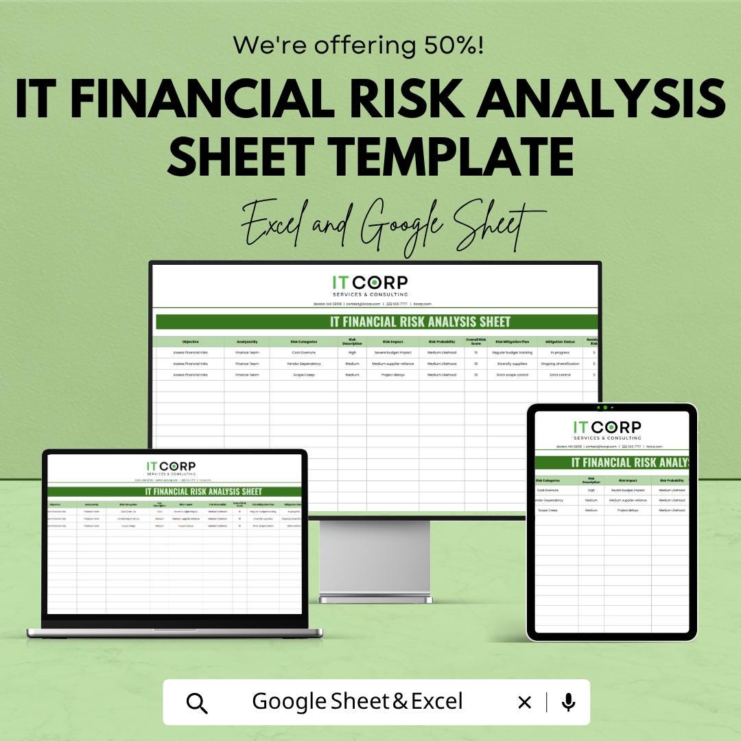 IT Financial Risk Analysis Sheet Template | Risk Assessment Spreadsheet | IT Budget Planning Template | Excel & Google Sheets |
