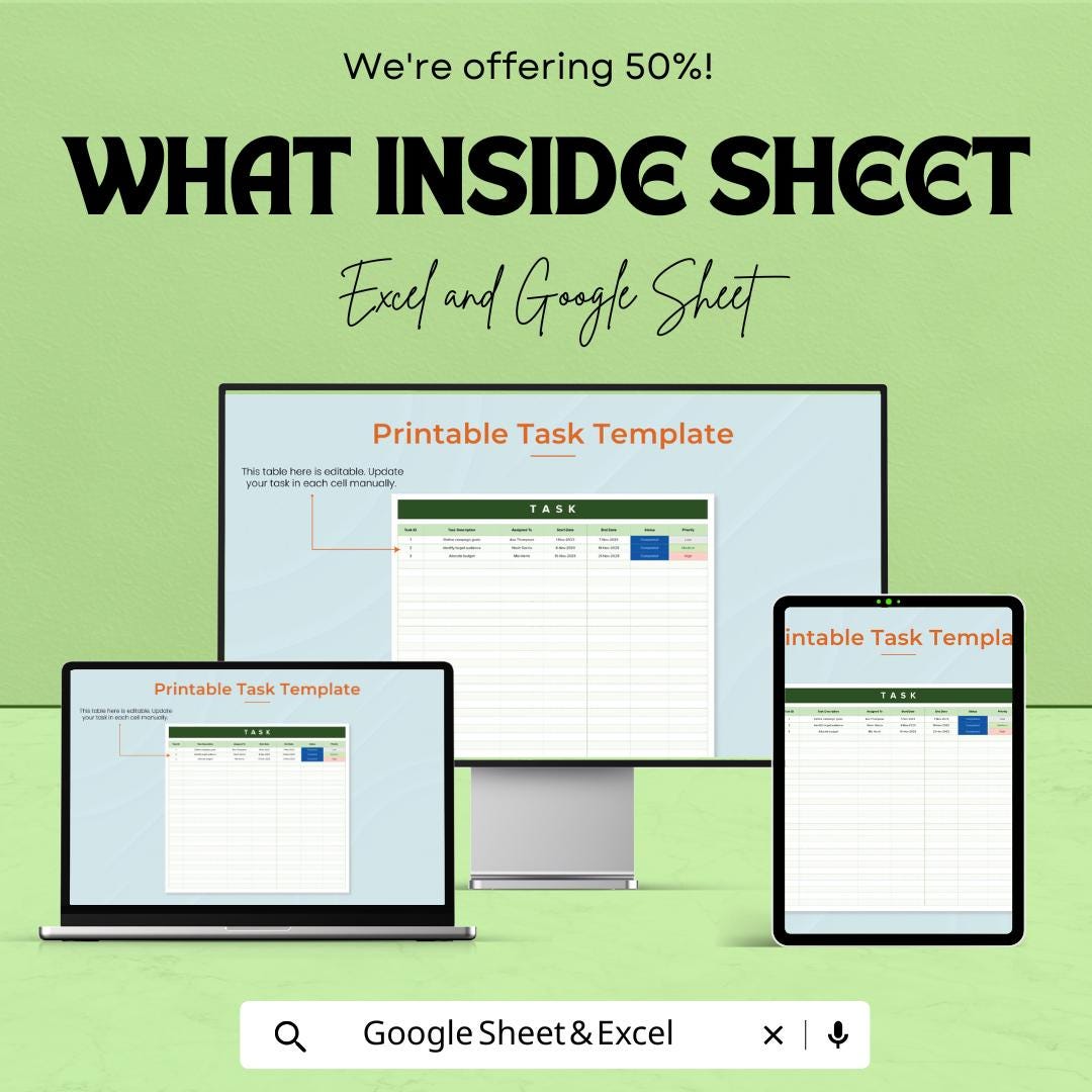 Task Sheet Template – Excel and Google Sheet | Task Management & Tracking | Organize Projects | 50% Off