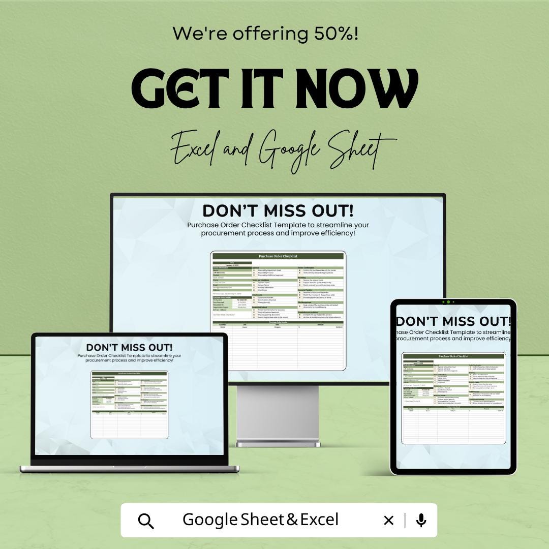 Purchase Order Checklist Template | Procurement Tracker | Vendor Management Spreadsheet | PO Tracker | Excel & Google Sheets |