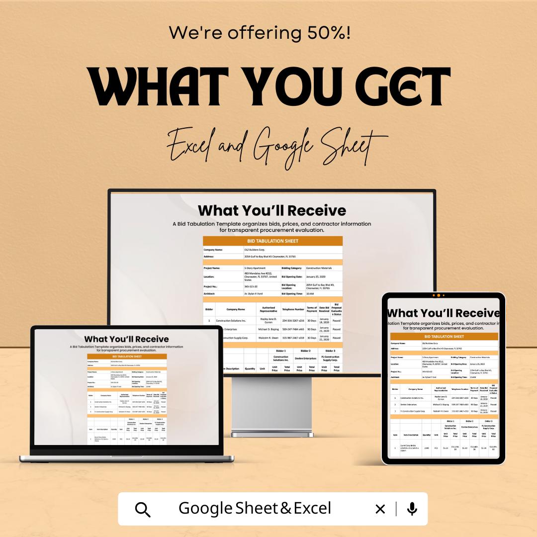 Bid Tabulation Template - Excel & Google Sheets | Vendor Comparison | Project Bid Analysis Tool