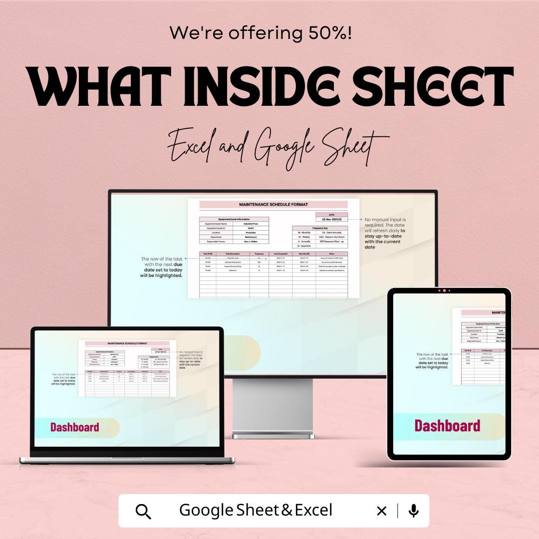 Maintenance Schedule Format Sheet | Printable Maintenance Tracker | Google Sheets Template | Task Scheduling | Customizable Maintenance