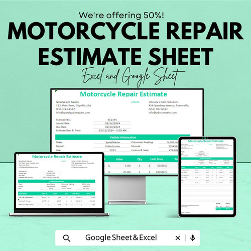 Motorcycle Repair Estimate Template - Excel & Google Sheets, Professional Vehicle Repair Estimation, Customizable, Maintenance Quote