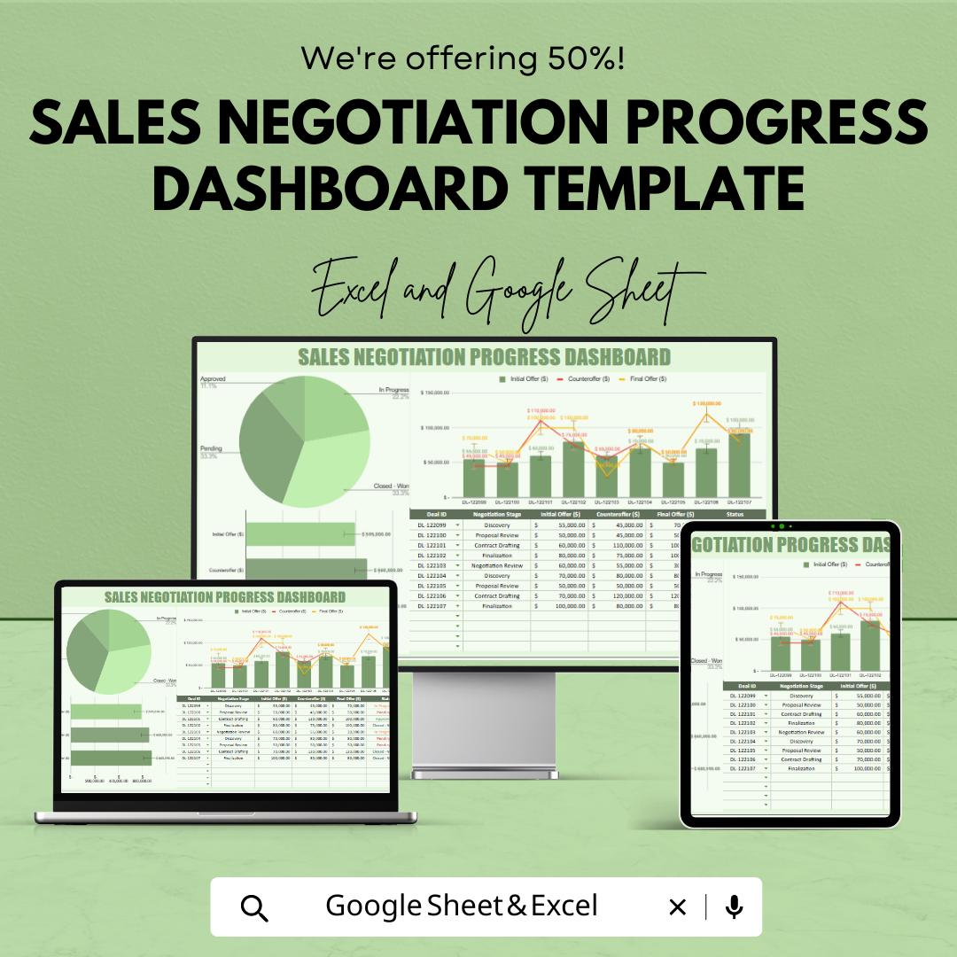 Sales Negotiation Progress Dashboard Template | Excel & Google Sheets Sales Tracker | Deal Pipeline and Performance Dashboard
