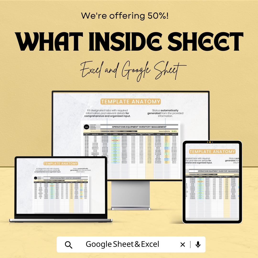 Operations Equipment Inventory Management Sheet | Excel and Google Sheets | Asset Tracking Log | Maintenance and Condition Report |
