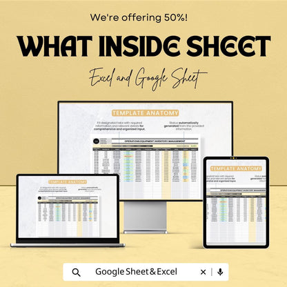 Operations Equipment Inventory Management Sheet | Excel and Google Sheets | Asset Tracking Log | Maintenance and Condition Report |