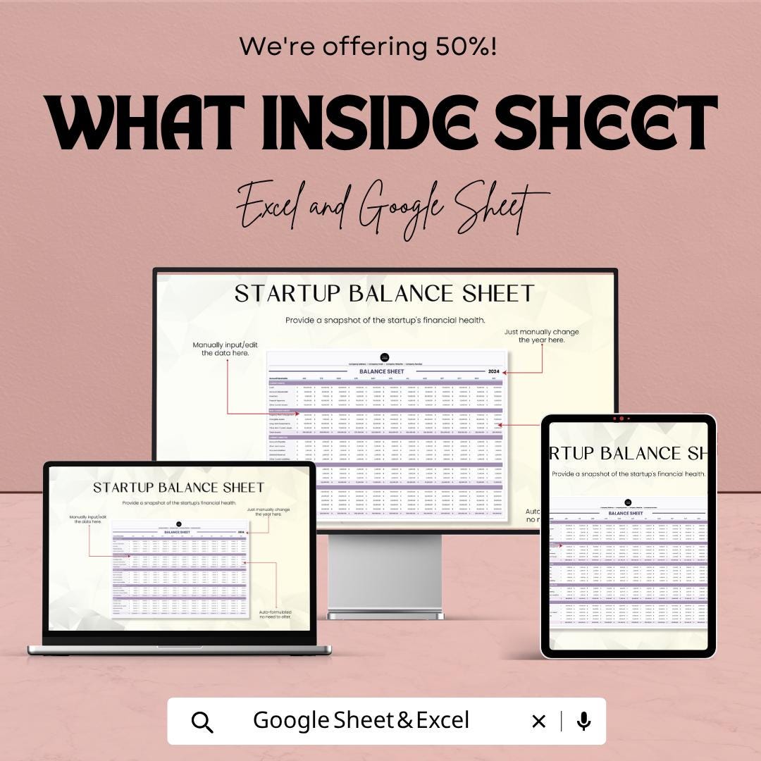 Startup Balance Sheet Template | Business Financial Statement | Balance Sheet Spreadsheet | Startup Finance Template | Excel & Google Sheets