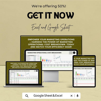 Marketing Operational Cost Breakdown Sheet | Excel and Google Sheets | Track Marketing Expenses & Budget | Financial Efficiency Dashboard