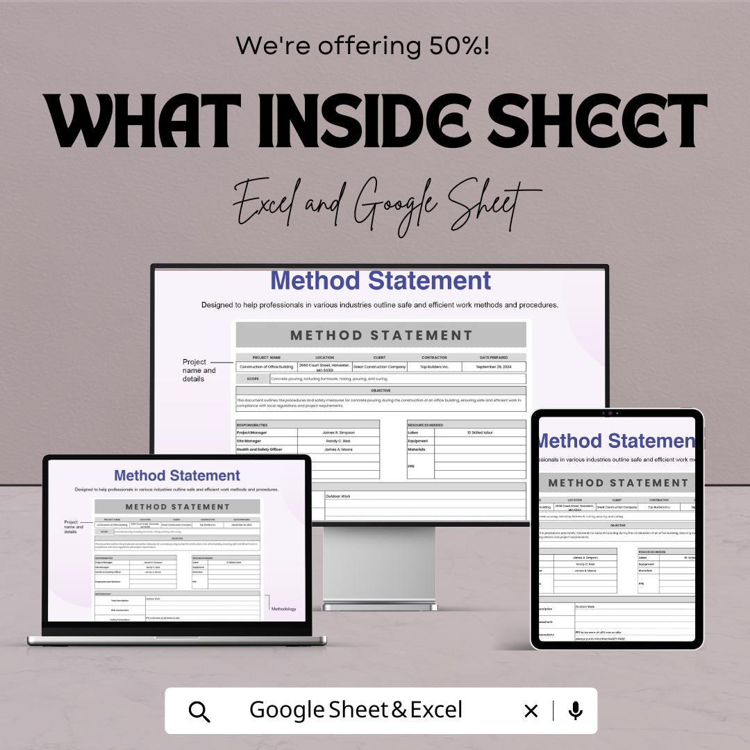 Method Statement Template | Editable Construction Work Method | Digital Safety Procedure Form | Project Planning Document