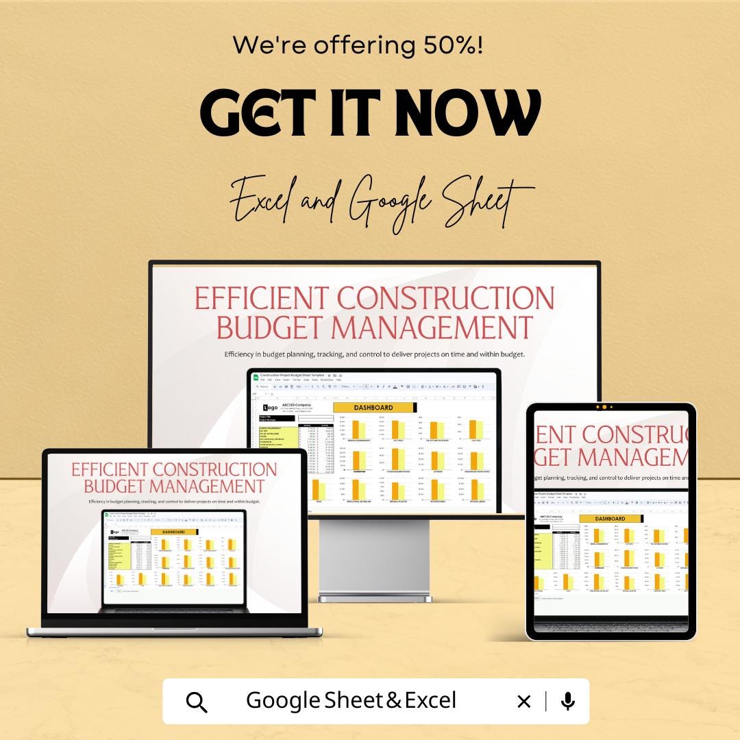 Construction Project Budget Sheet Template | Construction Budget Tracker | Budget Dashboard | Contractor Cost Estimator