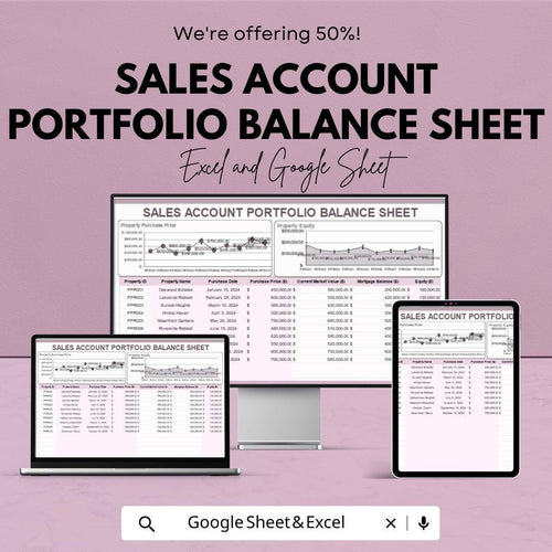 Sales Account Portfolio Balance Sheet | Excel & Google Sheet | Real Estate Sales Tracker | Property Equity Report | Editable Dashboard