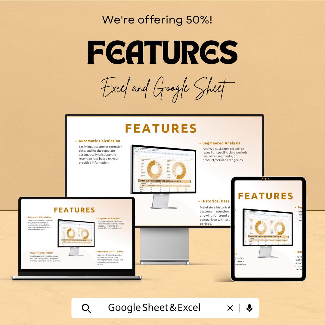 Sales Customer Retention Rate Calculator Template | Customer Metrics Dashboard | Sales Performance Analyzer