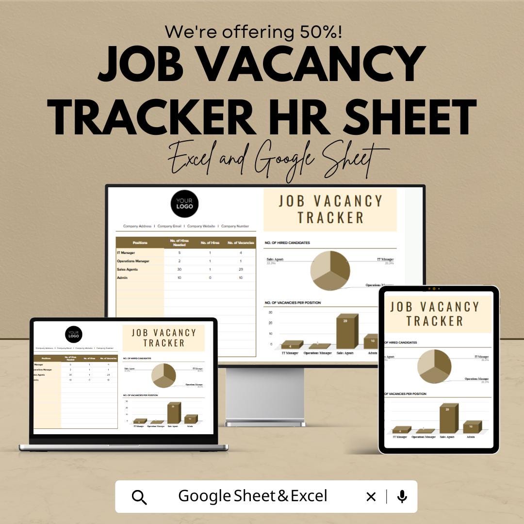 Job Vacancy Tracker HR Sheet | Excel & Google Sheets | Recruitment Dashboard | Hiring Tracker | Editable Template | Instant Download