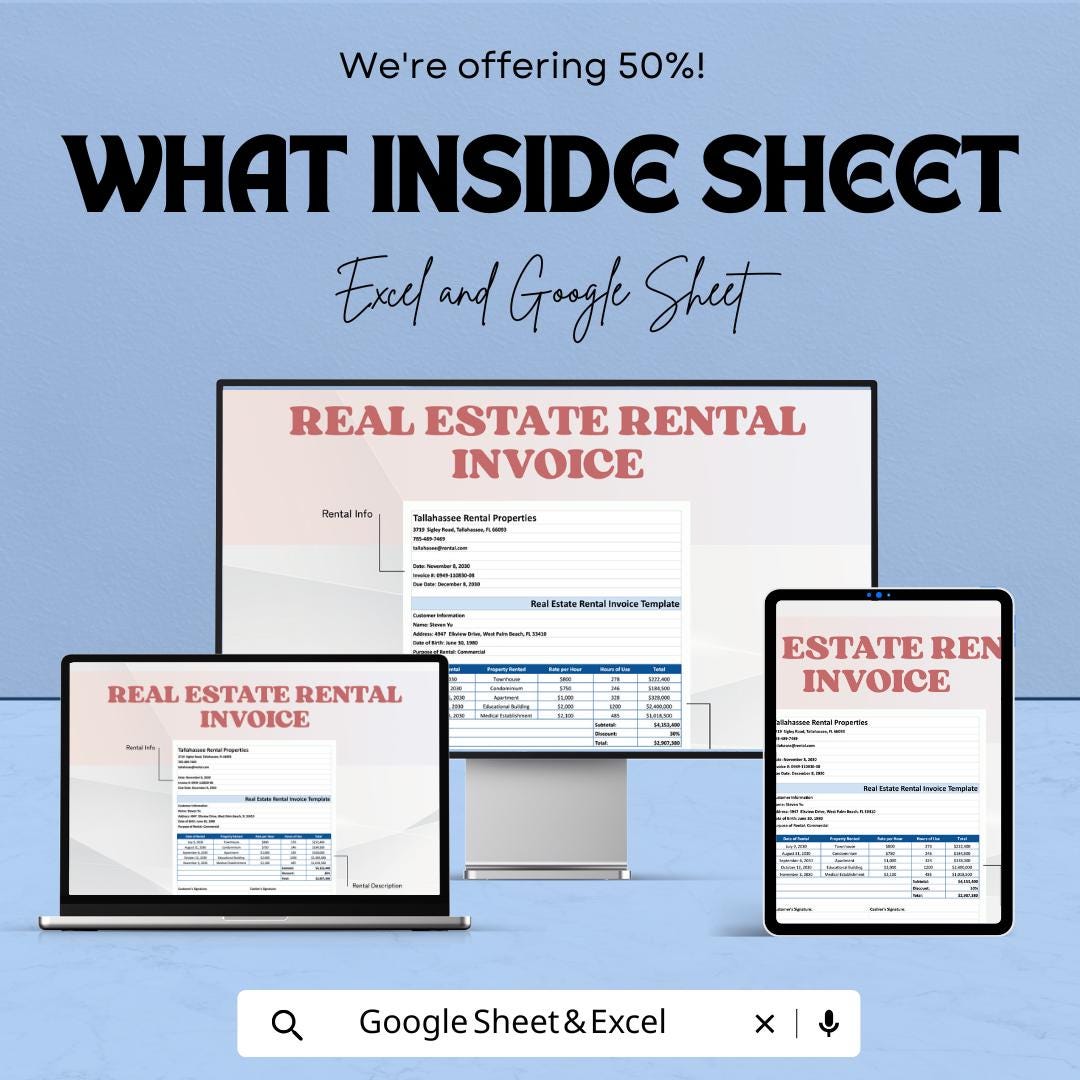 Real Estate Rental Invoice Template - Excel & Google Sheets - Customizable Invoice for Property Rentals