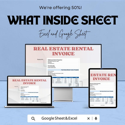Real Estate Rental Invoice Template - Excel & Google Sheets - Customizable Invoice for Property Rentals
