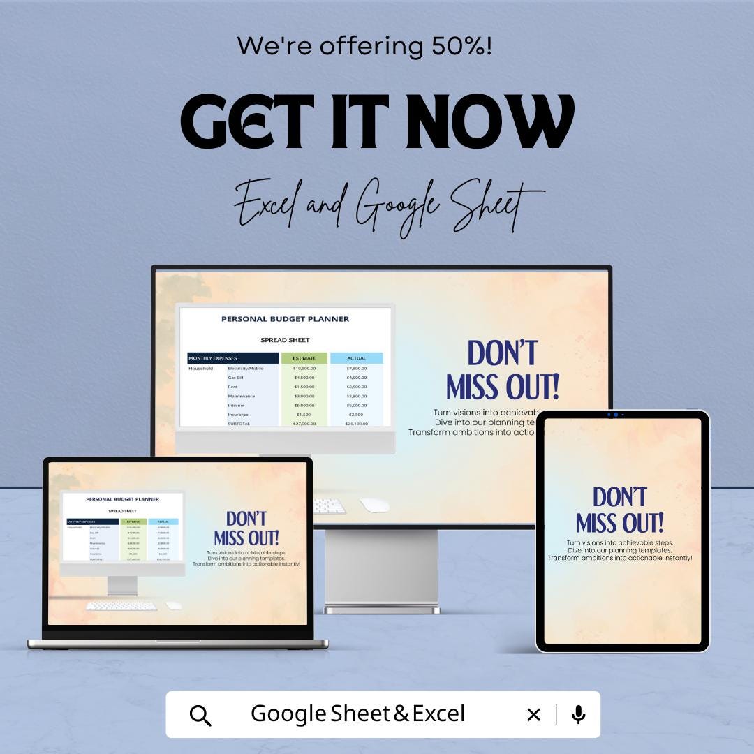 Personal Budget Planner Spreadsheet Template for Excel & Google Sheets | Monthly Budget Tracker | Expense Planner | Financial Budget Sheet |