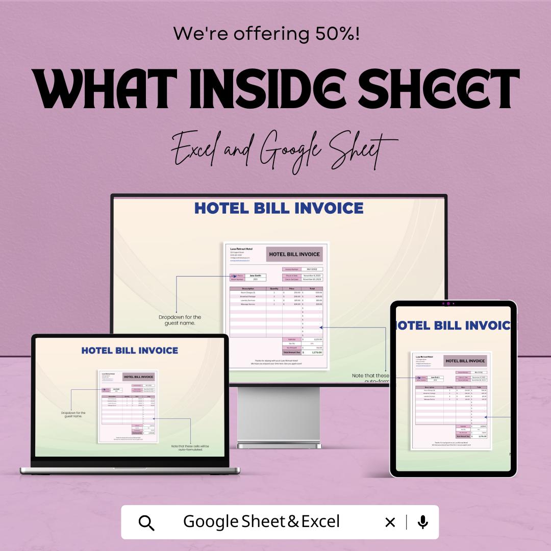 Hotel Bill Invoice Template | Hotel Receipt Template | Editable Invoice for Guests | Hotel Accounting & Billing Form
