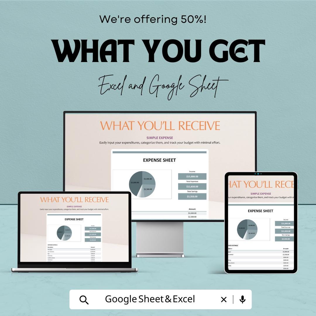 Simple Expense Sheet Template - Excel & Google Sheets for Easy Budget Tracking, Expense Management