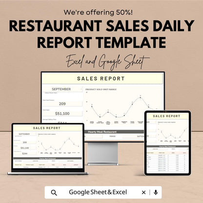 Restaurant Sales Daily Report Template | Daily Sales Tracker | Restaurant Revenue Report | POS Sales Summary Spreadsheet
