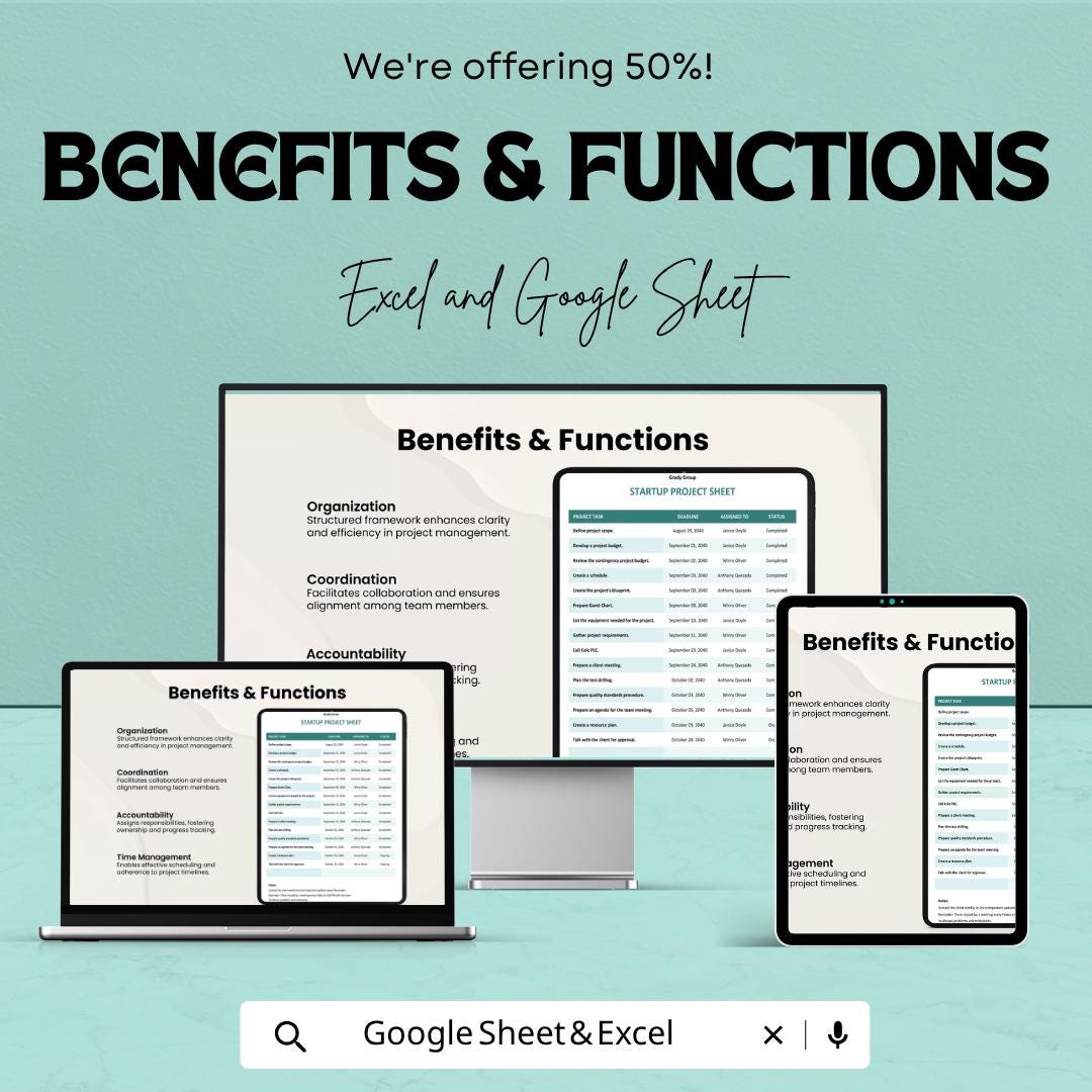 Startup Project Sheet Template | Project Tracking Spreadsheet | Task Management Sheet | Project Management Template | Excel & Google Sheets