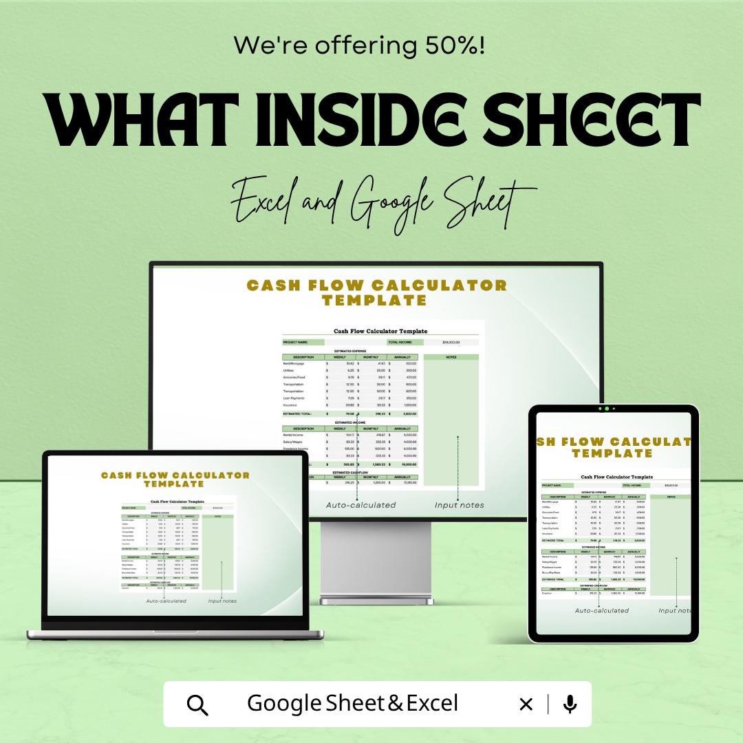 Cash Flow Calculator | Budget Planner Spreadsheet | Income & Expense Tracker | Monthly Financial Planner Template