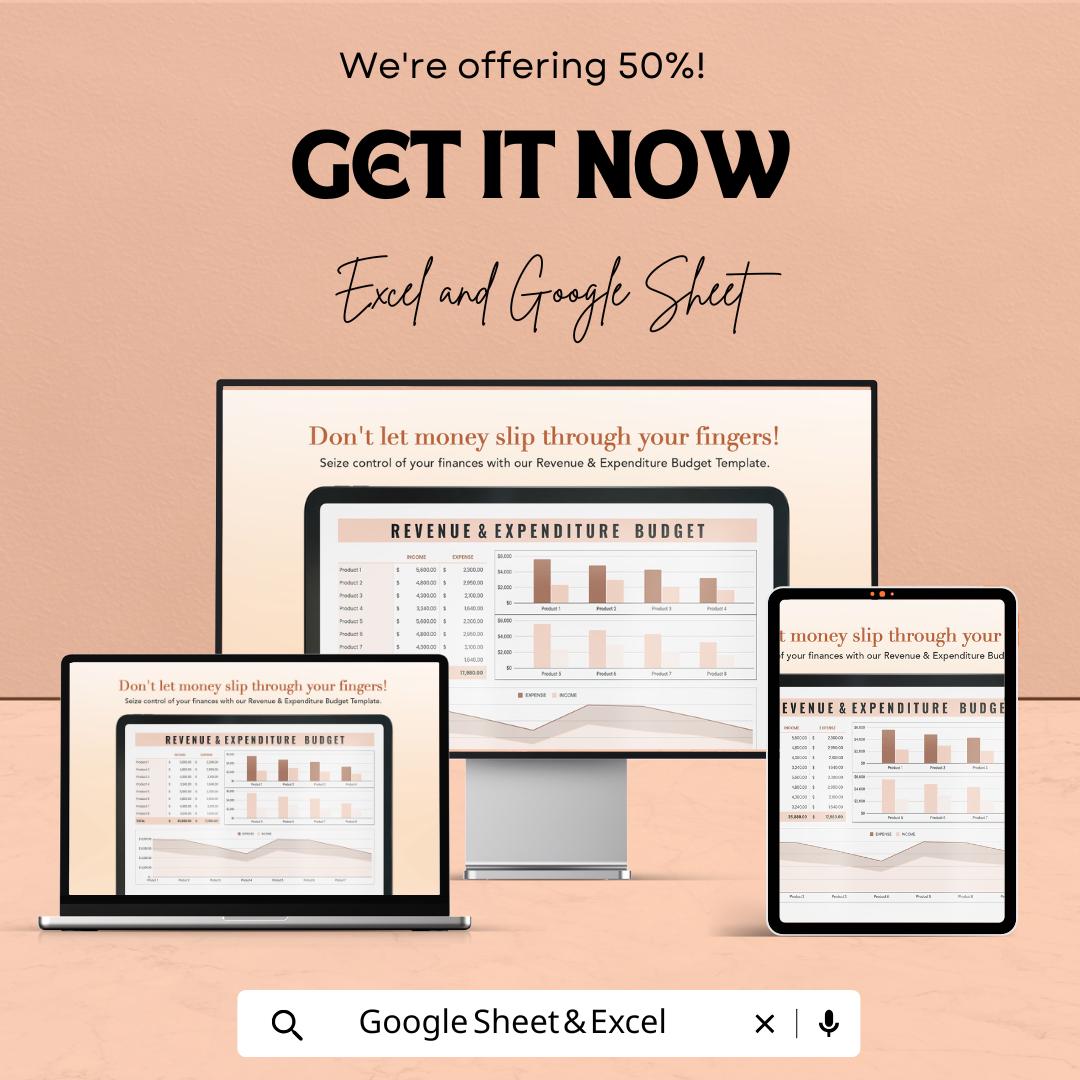 Revenue & Expenditure Budget Sheet | Monthly Income and Expense Tracker | Excel and Google Sheets Template | Business Budget Planner