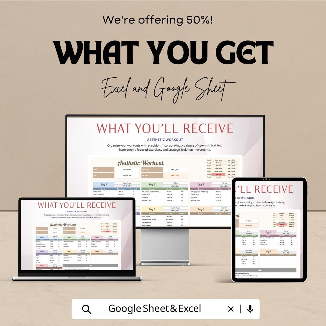 Aesthetic Workout Template | Gym Workout Planner Spreadsheet | Fitness Workout Tracker | Bodybuilding Training Plan |  Workout Log
