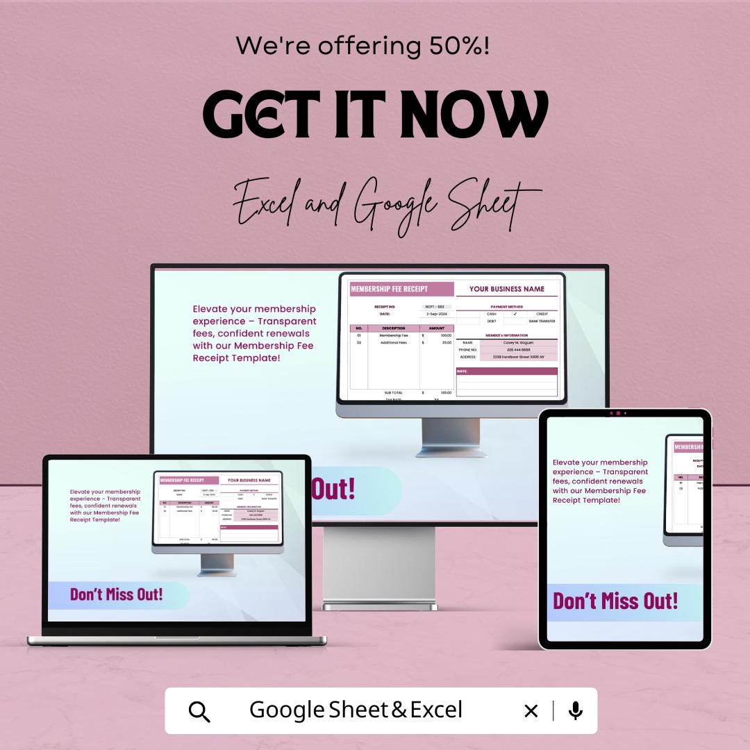 Membership Fee Receipt Template | Google Sheet & Excel | Digital Membership Fee Receipt Tracker | Instant Download