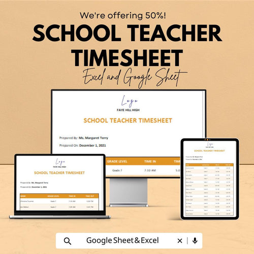 School Teacher Timesheet Template - Excel & Google Sheets - Teacher Work Hours Tracker - Daily Attendance Sheet - Customizable Time Log