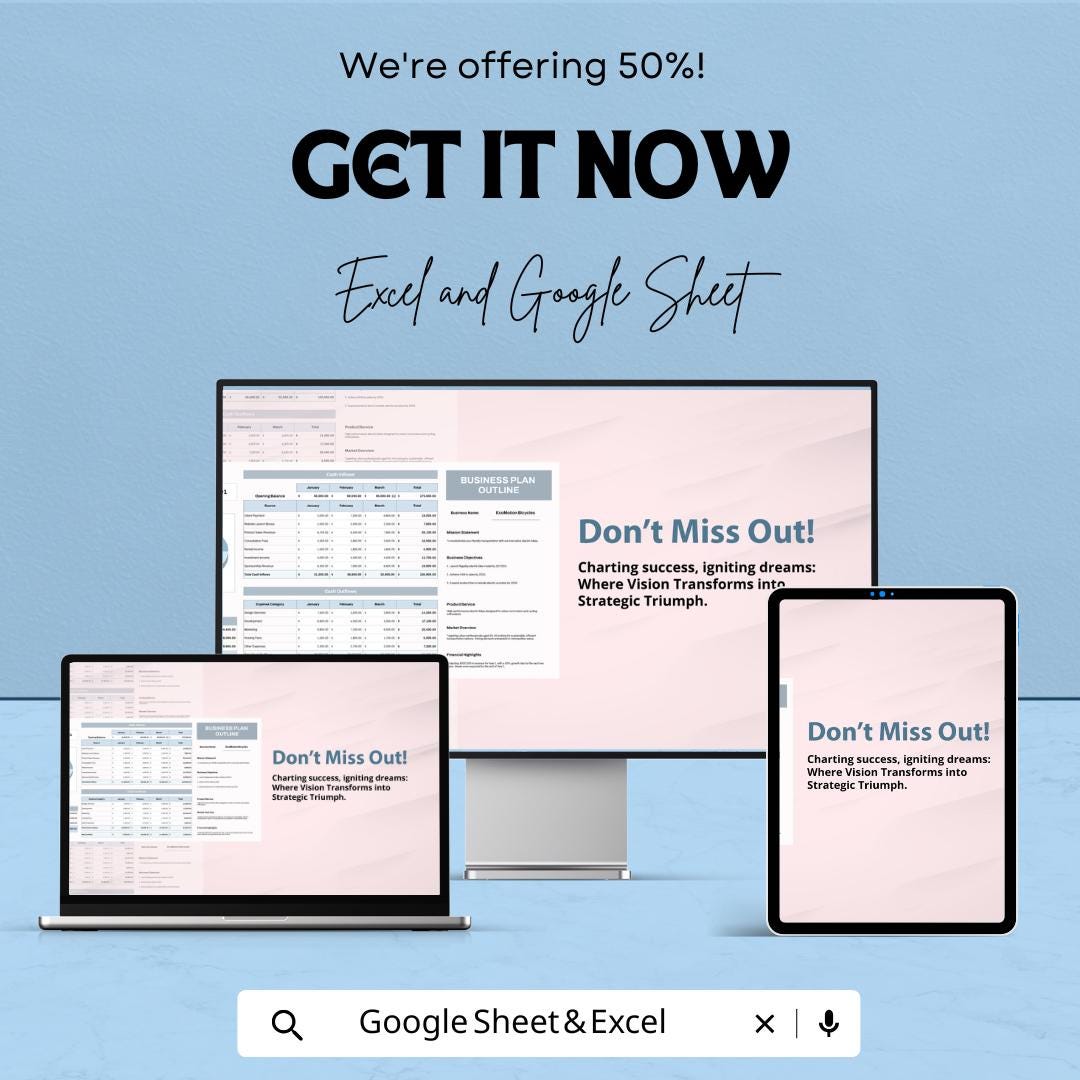 Business Plan Outline Sheet - Excel & Google Sheet Template - Financial Planning, Cash Flow Tracker, Startup Business Plan, Budget Planner