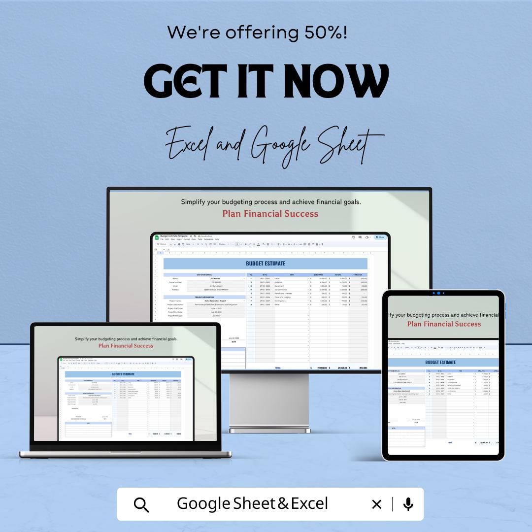 Budget Estimate Template | Excel & Google Sheet | Project Cost Estimation Spreadsheet | Editable Budget Planner | Business Expense Tracker