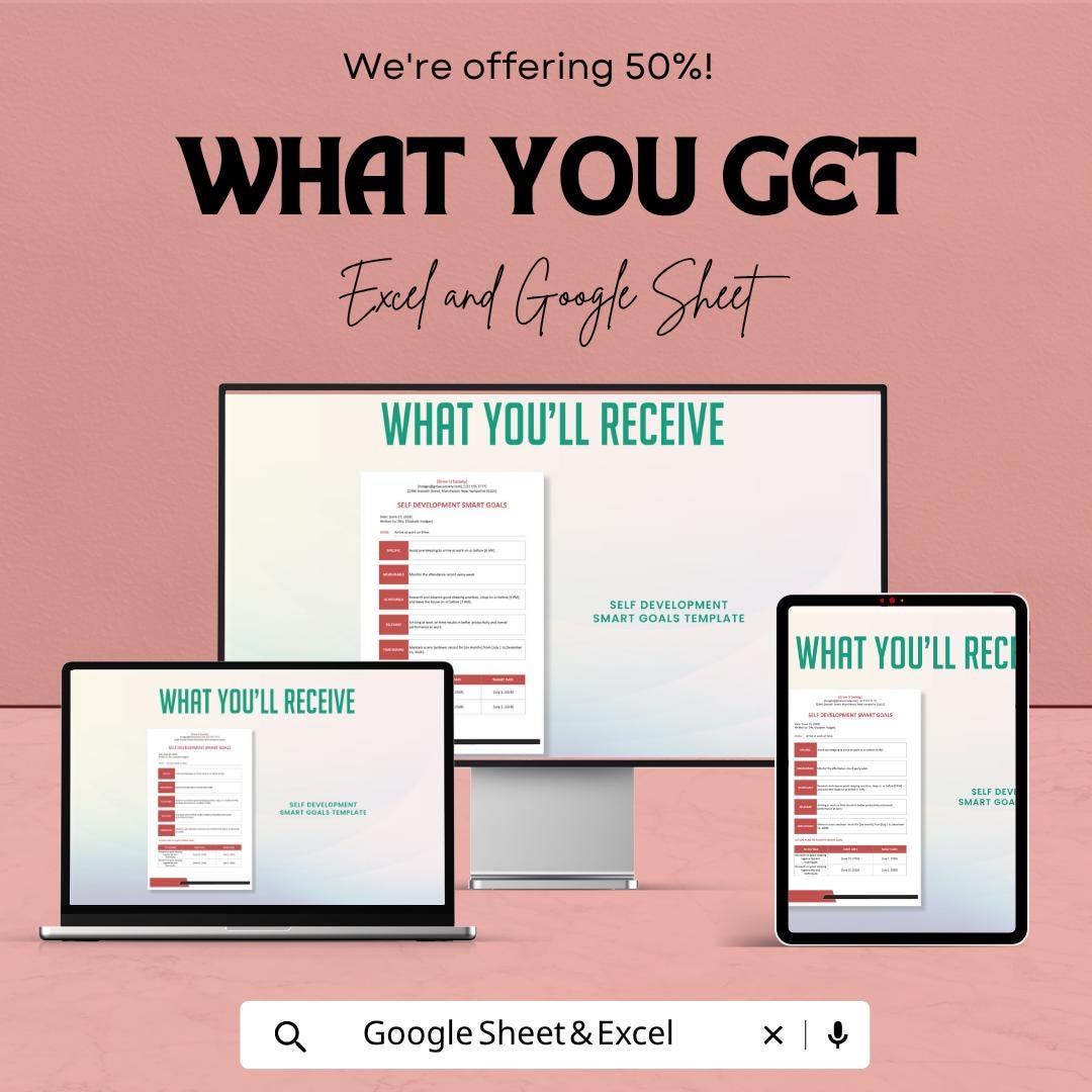 SMART Goals Template Excel & Google Sheets | Self Development Planner | Goal Setting Worksheet | Productivity Tracker | Personal Growth