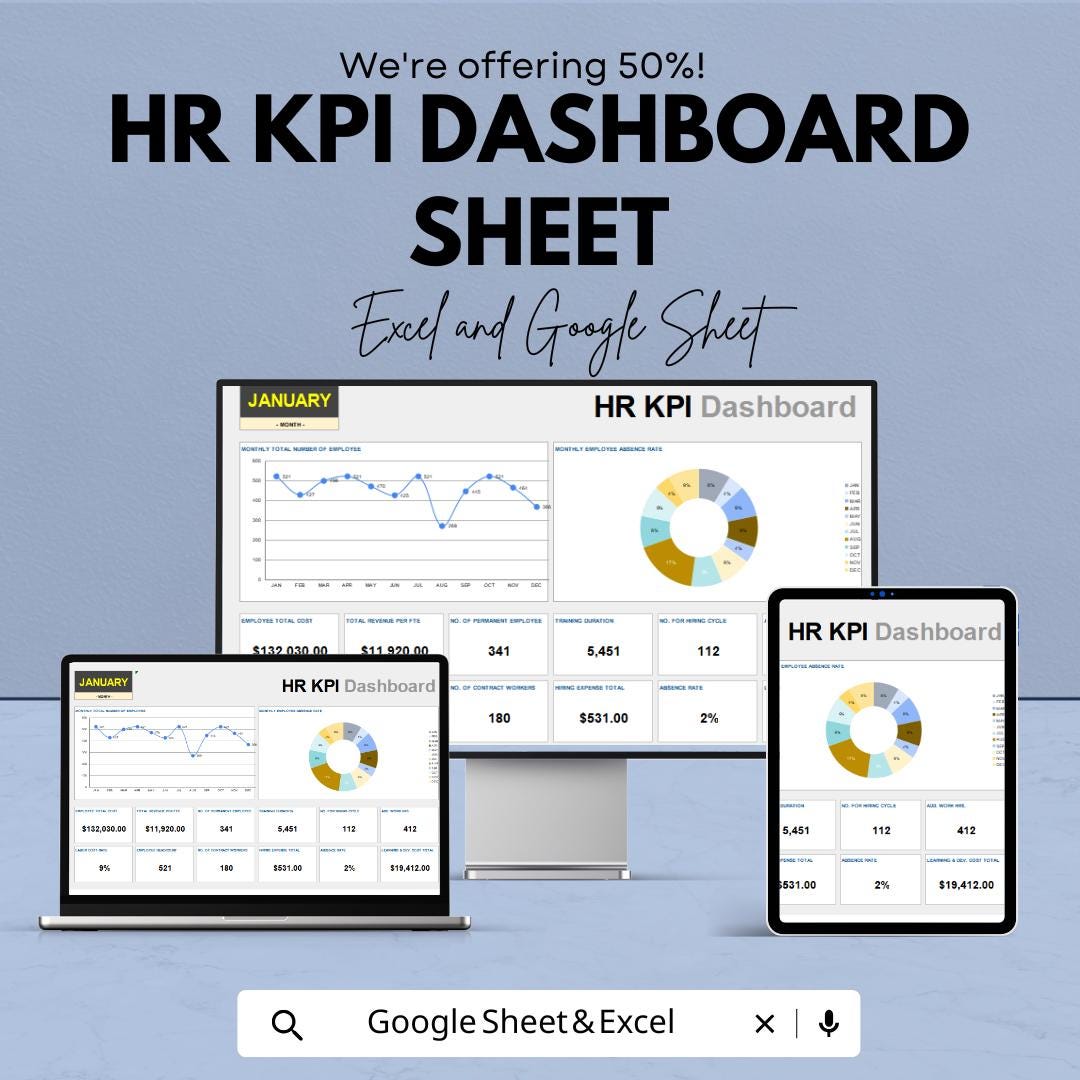 KPI Dashboard Template - Google Sheet and Excel - Employee Performance and Metrics Tracker - KPI Dashboard Sheet - HR Analytics Tool