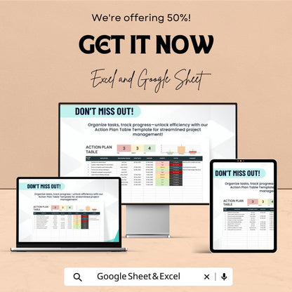 Action Plan Table Sheet - Excel and Google Sheet Template for Project Management | Task Tracker, Priority Setting & Deadline Tracker