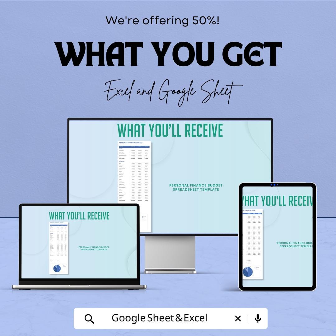 Personal Finance Budget Spreadsheet Template | Google Sheets & Excel | Track Income, Expenses, and Savings | Financial Planning Template