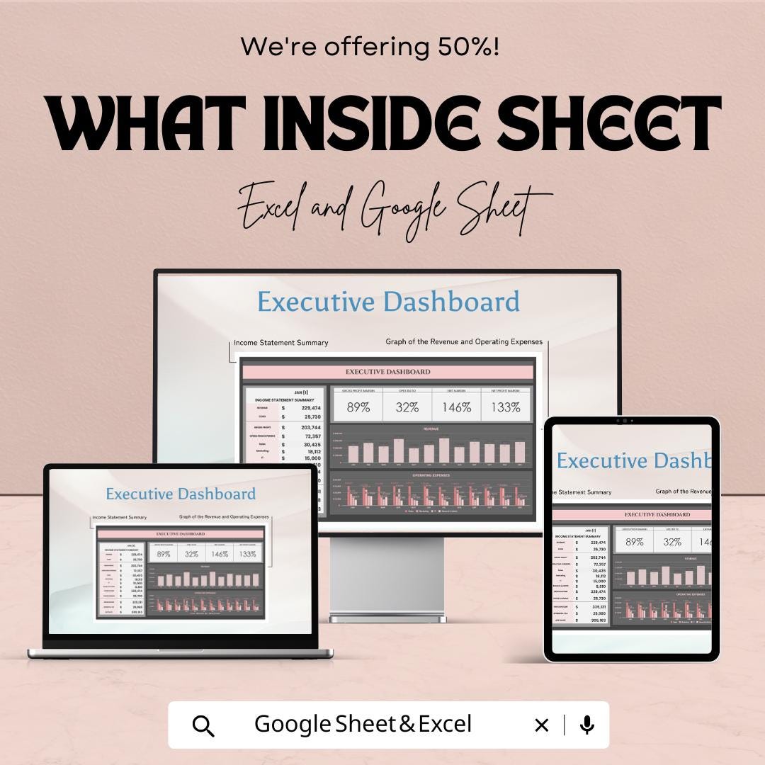 Executive Dashboard Excel and Google Sheet Template - Financial Overview, Budget Analysis & Performance Tracker