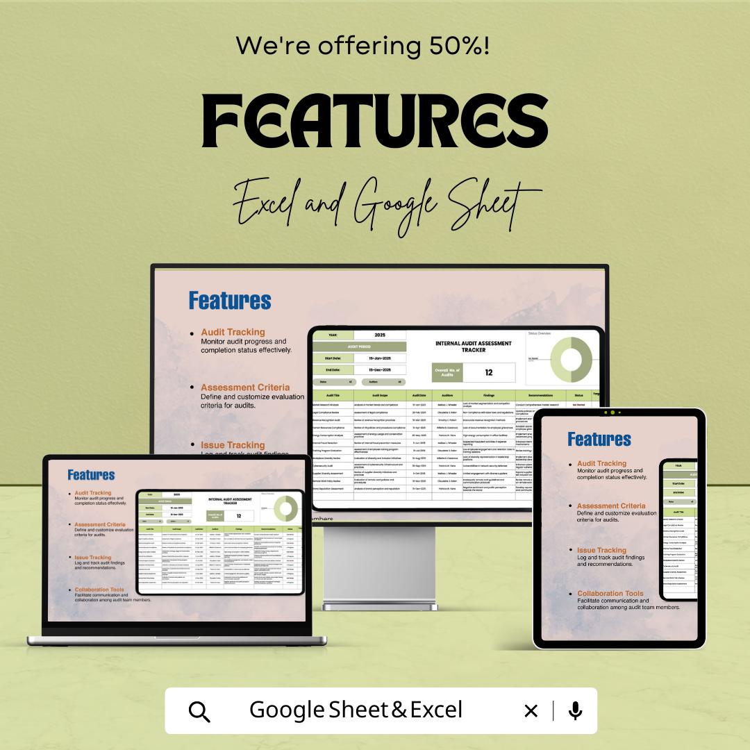Internal Audit Assessment Tracker Template, Audit Log Spreadsheet, Compliance Audit Tracker, Risk Assessment Tool, Excel Google Sheets