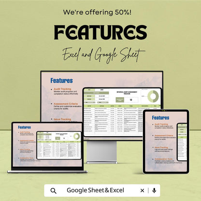 Internal Audit Assessment Tracker Template, Audit Log Spreadsheet, Compliance Audit Tracker, Risk Assessment Tool, Excel Google Sheets