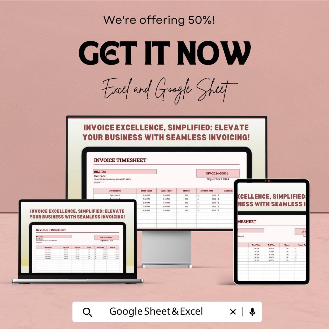 Invoice Timesheet Template | Freelancer Invoice Tracker | Work Hours Log Sheet | Billing Timesheet Sheet | Service Invoice Template