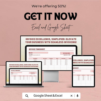Invoice Timesheet Template | Freelancer Invoice Tracker | Work Hours Log Sheet | Billing Timesheet Sheet | Service Invoice Template