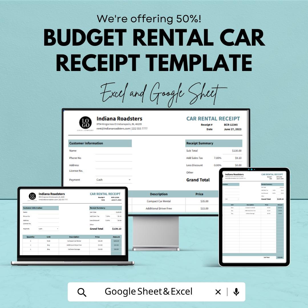 Budget Rental Car Receipt Template | Car Rental Receipt Spreadsheet | Vehicle Rental Invoice Template | Excel & Google Sheets |