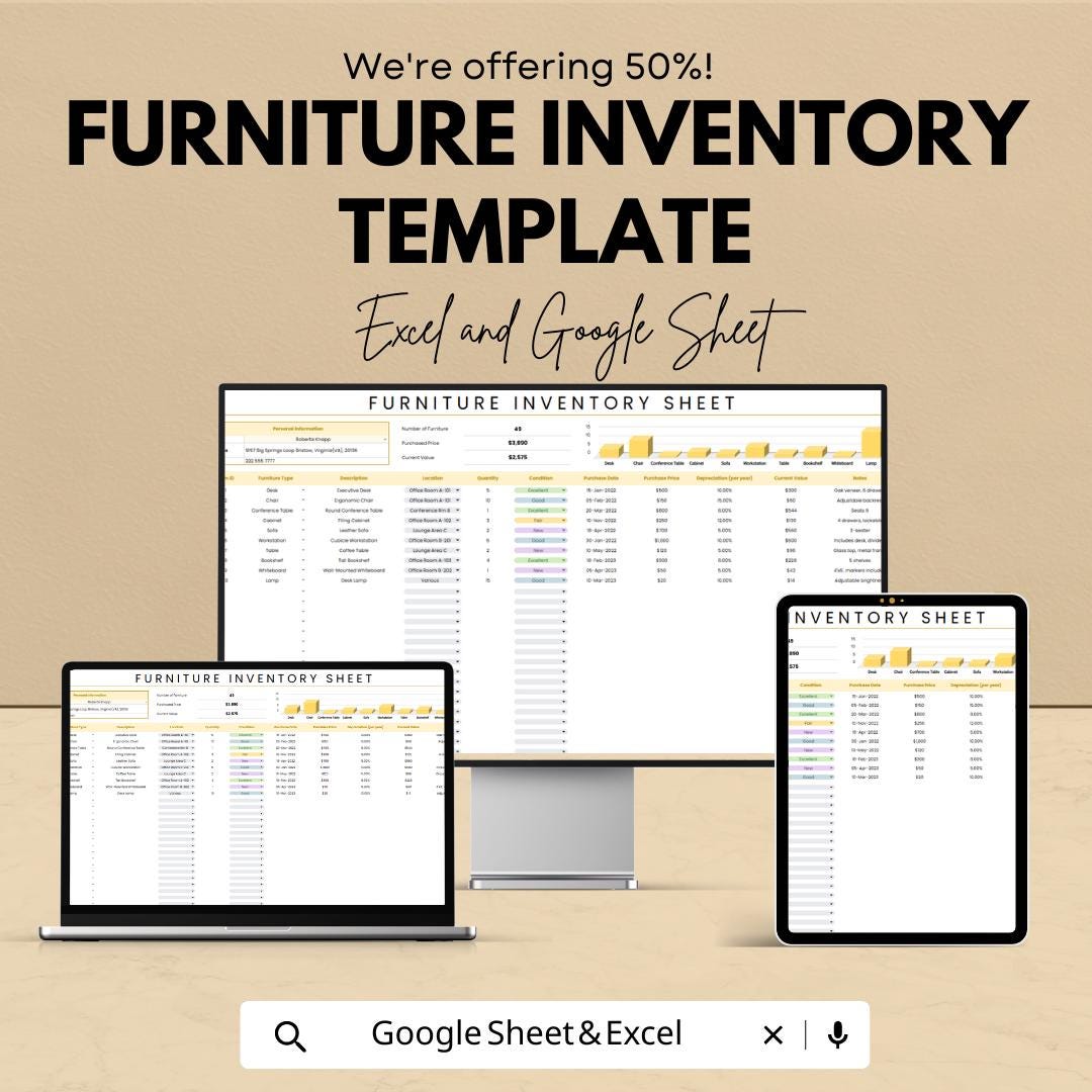 Furniture Inventory Template | Home Asset Tracker Spreadsheet | Furniture Inventory Log | Insurance & Asset Management