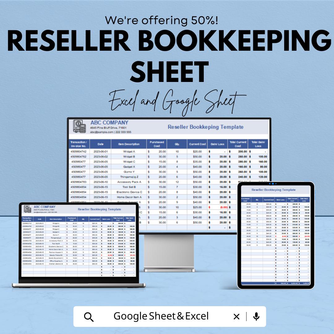 Reseller Bookkeeping Template - Google Sheet , Sales, and Profit Tracking | Accounting Dashboard for Resellers | Inventory Management