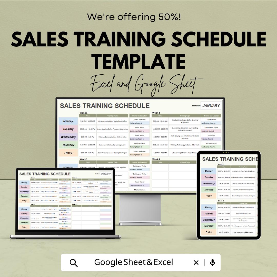 Sales Training Schedule Template | Employee Training Planner | Sales Training Tracker | Staff Training Schedule | Training Plan Template